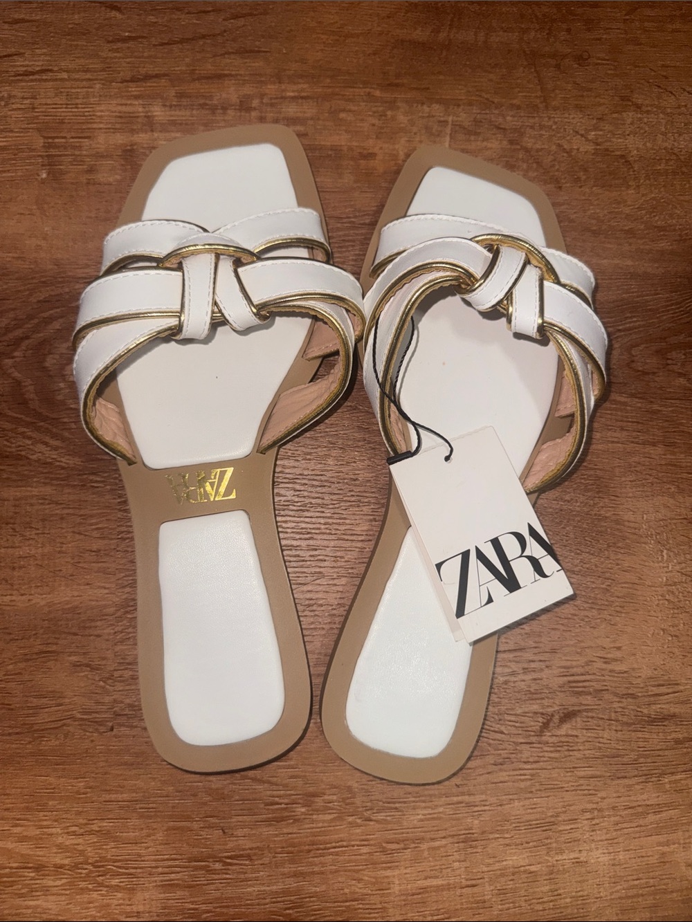 NWT Zara White Leather Metallic Gold Ring Strappy Slide Sandals
